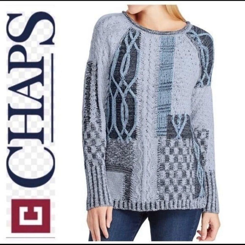 CHAPS women’s vintage 90’s patchwork cable knit blue sweater